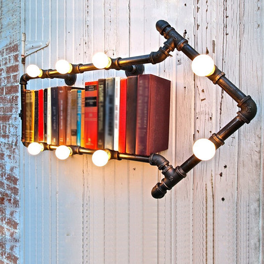 Black/Copper Arrow Wall Light Industrial Iron 8 Lights Living Room Wall Sconce with Book Rack Design Black Clearhalo 'Art deco wall lights' 'Cast Iron' 'Glass' 'Industrial wall lights' 'Industrial' 'Middle century wall lights' 'Modern' 'Rustic wall lights' 'Tiffany' 'Traditional wall lights' 'Wall Lamps & Sconces' 'Wall Lights' Lighting' 1949925