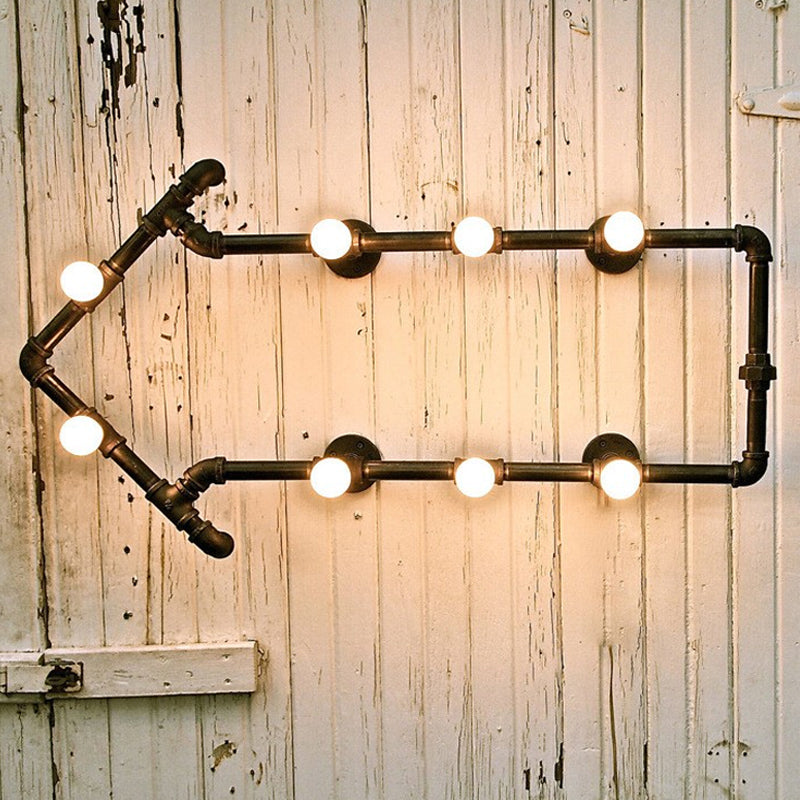 Black/Copper Arrow Wall Light Industrial Iron 8 Lights Living Room Wall Sconce with Book Rack Design Clearhalo 'Art deco wall lights' 'Cast Iron' 'Glass' 'Industrial wall lights' 'Industrial' 'Middle century wall lights' 'Modern' 'Rustic wall lights' 'Tiffany' 'Traditional wall lights' 'Wall Lamps & Sconces' 'Wall Lights' Lighting' 1949926