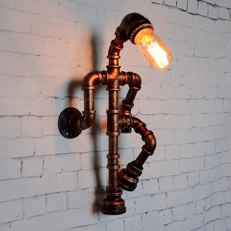 Steampunk Pipe Robot Wall Lamp Single-Bulb Wrought Iron Wall Mounted Light Fixture in Black/Bronze/Copper Copper Clearhalo 'Art deco wall lights' 'Cast Iron' 'Glass' 'Industrial wall lights' 'Industrial' 'Middle century wall lights' 'Modern' 'Rustic wall lights' 'Tiffany' 'Traditional wall lights' 'Wall Lamps & Sconces' 'Wall Lights' Lighting' 1949938