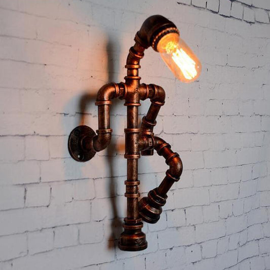 Steampunk Pipe Robot Wall Lamp Single-Bulb Wrought Iron Wall Mounted Light Fixture in Black/Bronze/Copper Copper Clearhalo 'Art deco wall lights' 'Cast Iron' 'Glass' 'Industrial wall lights' 'Industrial' 'Middle century wall lights' 'Modern' 'Rustic wall lights' 'Tiffany' 'Traditional wall lights' 'Wall Lamps & Sconces' 'Wall Lights' Lighting' 1949938