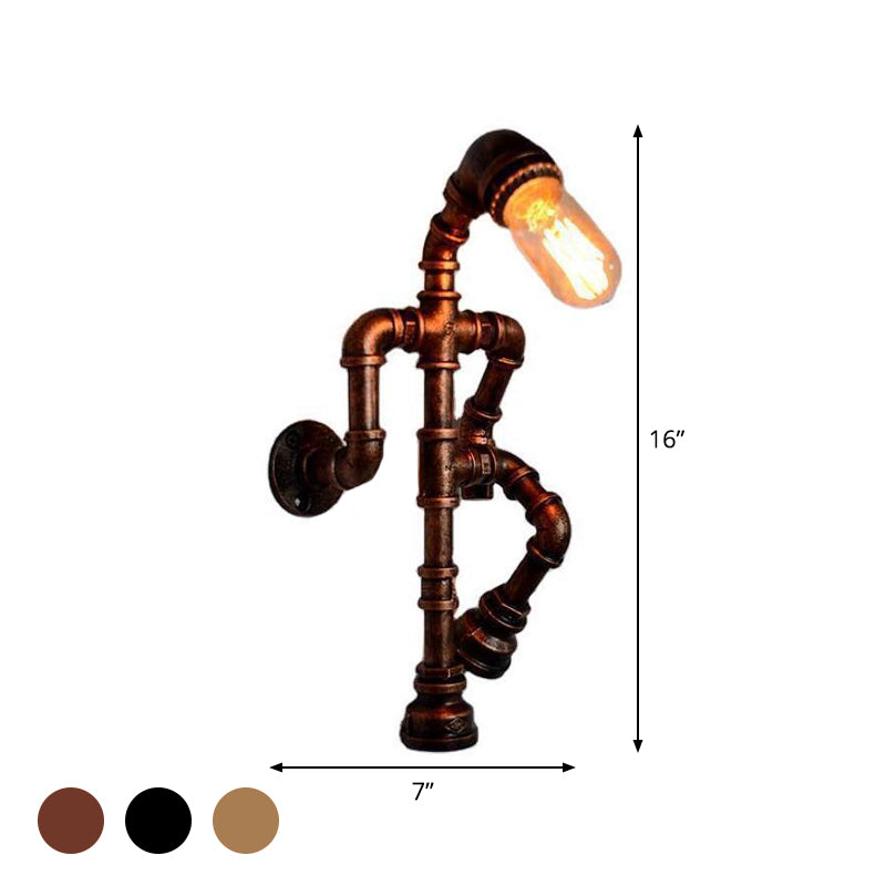 Steampunk Pipe Robot Wall Lamp Single-Bulb Wrought Iron Wall Mounted Light Fixture in Black/Bronze/Copper Clearhalo 'Art deco wall lights' 'Cast Iron' 'Glass' 'Industrial wall lights' 'Industrial' 'Middle century wall lights' 'Modern' 'Rustic wall lights' 'Tiffany' 'Traditional wall lights' 'Wall Lamps & Sconces' 'Wall Lights' Lighting' 1949940