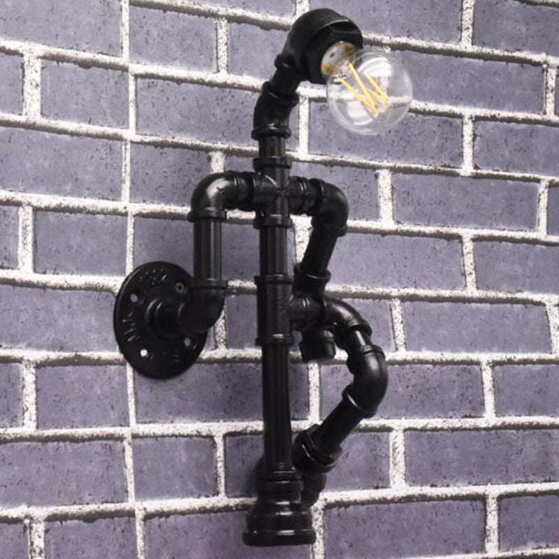 Steampunk Pipe Robot Wall Lamp Single-Bulb Wrought Iron Wall Mounted Light Fixture in Black/Bronze/Copper Black Clearhalo 'Art deco wall lights' 'Cast Iron' 'Glass' 'Industrial wall lights' 'Industrial' 'Middle century wall lights' 'Modern' 'Rustic wall lights' 'Tiffany' 'Traditional wall lights' 'Wall Lamps & Sconces' 'Wall Lights' Lighting' 1949941
