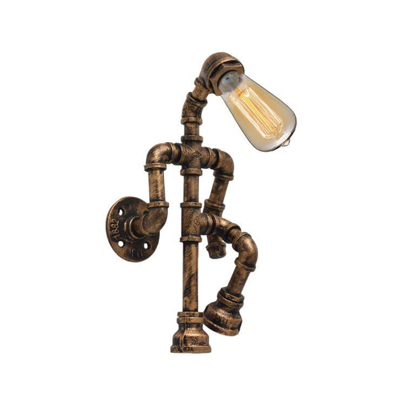 Steampunk Pipe Robot Wall Lamp Single-Bulb Wrought Iron Wall Mounted Light Fixture in Black/Bronze/Copper Bronze Clearhalo 'Art deco wall lights' 'Cast Iron' 'Glass' 'Industrial wall lights' 'Industrial' 'Middle century wall lights' 'Modern' 'Rustic wall lights' 'Tiffany' 'Traditional wall lights' 'Wall Lamps & Sconces' 'Wall Lights' Lighting' 1949943