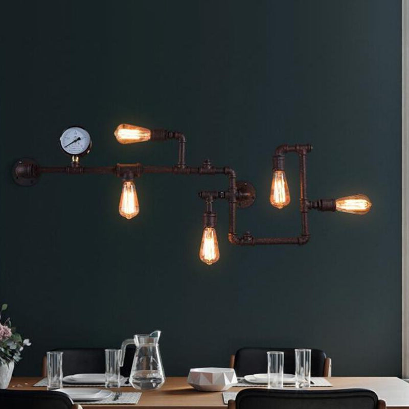 5 Bulbs Pipe System Wall Mount Lamp Industrial Antiqued Black/Brass/Rust Wall Light Kit with Decorative Gauge Clearhalo 'Art deco wall lights' 'Cast Iron' 'Glass' 'Industrial wall lights' 'Industrial' 'Middle century wall lights' 'Modern' 'Rustic wall lights' 'Tiffany' 'Traditional wall lights' 'Wall Lamps & Sconces' 'Wall Lights' Lighting' 1949950