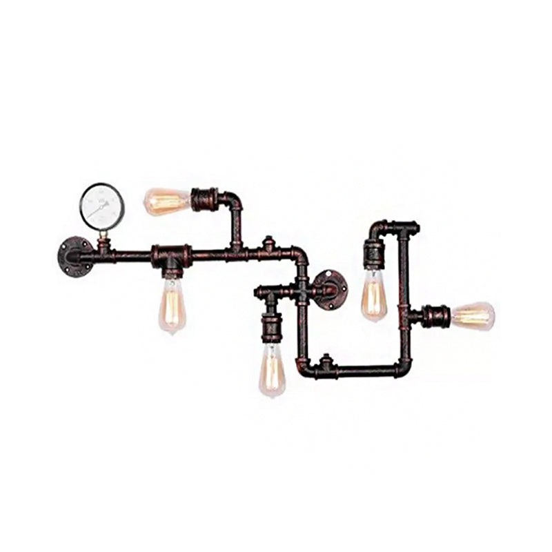 5 Bulbs Pipe System Wall Mount Lamp Industrial Antiqued Black/Brass/Rust Wall Light Kit with Decorative Gauge Clearhalo 'Art deco wall lights' 'Cast Iron' 'Glass' 'Industrial wall lights' 'Industrial' 'Middle century wall lights' 'Modern' 'Rustic wall lights' 'Tiffany' 'Traditional wall lights' 'Wall Lamps & Sconces' 'Wall Lights' Lighting' 1949951