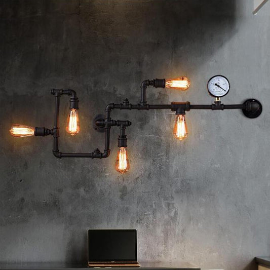 5 Bulbs Pipe System Wall Mount Lamp Industrial Antiqued Black/Brass/Rust Wall Light Kit with Decorative Gauge Black Clearhalo 'Art deco wall lights' 'Cast Iron' 'Glass' 'Industrial wall lights' 'Industrial' 'Middle century wall lights' 'Modern' 'Rustic wall lights' 'Tiffany' 'Traditional wall lights' 'Wall Lamps & Sconces' 'Wall Lights' Lighting' 1949953