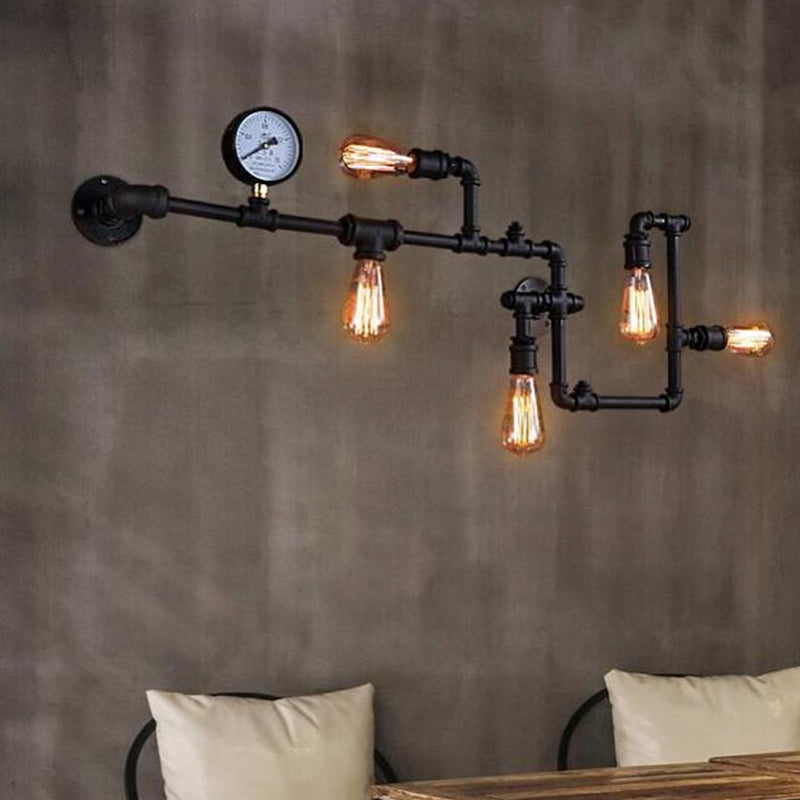 5 Bulbs Pipe System Wall Mount Lamp Industrial Antiqued Black/Brass/Rust Wall Light Kit with Decorative Gauge Clearhalo 'Art deco wall lights' 'Cast Iron' 'Glass' 'Industrial wall lights' 'Industrial' 'Middle century wall lights' 'Modern' 'Rustic wall lights' 'Tiffany' 'Traditional wall lights' 'Wall Lamps & Sconces' 'Wall Lights' Lighting' 1949955