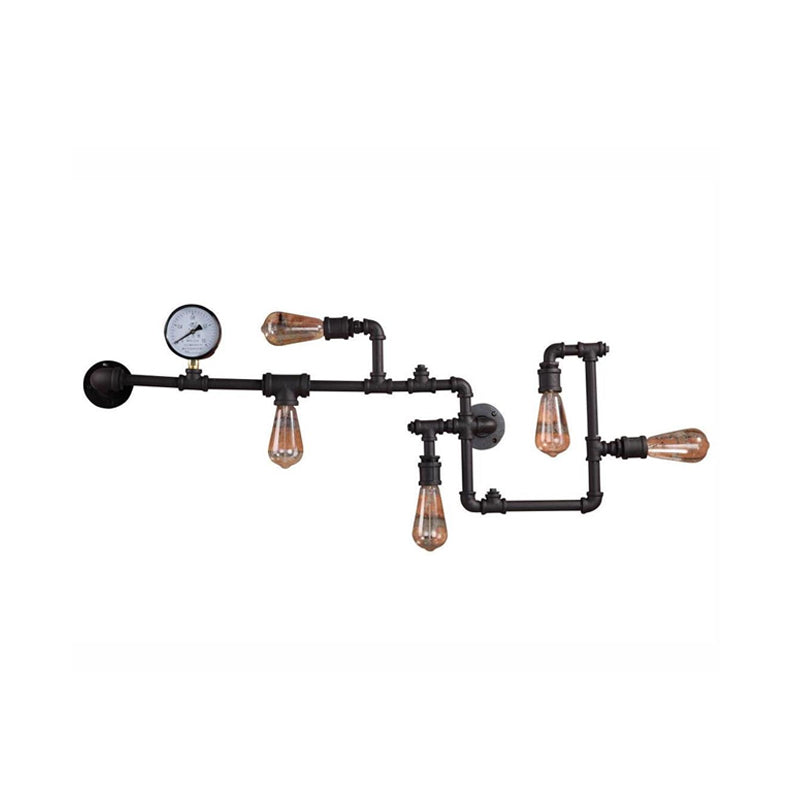 5 Bulbs Pipe System Wall Mount Lamp Industrial Antiqued Black/Brass/Rust Wall Light Kit with Decorative Gauge Clearhalo 'Art deco wall lights' 'Cast Iron' 'Glass' 'Industrial wall lights' 'Industrial' 'Middle century wall lights' 'Modern' 'Rustic wall lights' 'Tiffany' 'Traditional wall lights' 'Wall Lamps & Sconces' 'Wall Lights' Lighting' 1949956