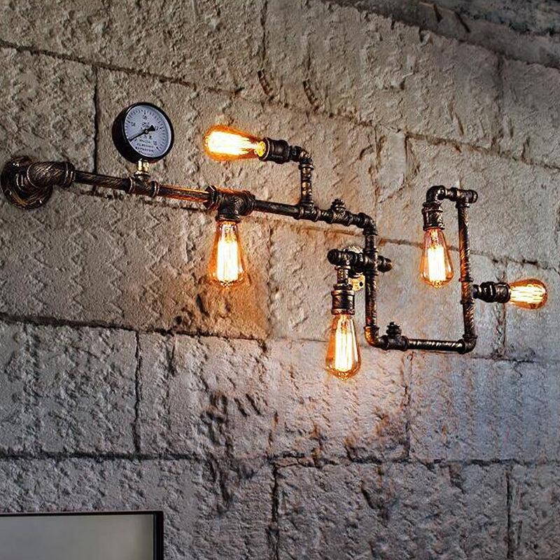 5 Bulbs Pipe System Wall Mount Lamp Industrial Antiqued Black/Brass/Rust Wall Light Kit with Decorative Gauge Clearhalo 'Art deco wall lights' 'Cast Iron' 'Glass' 'Industrial wall lights' 'Industrial' 'Middle century wall lights' 'Modern' 'Rustic wall lights' 'Tiffany' 'Traditional wall lights' 'Wall Lamps & Sconces' 'Wall Lights' Lighting' 1949958