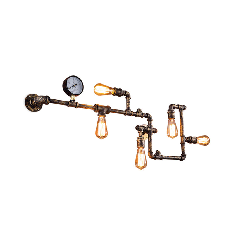 5 Bulbs Pipe System Wall Mount Lamp Industrial Antiqued Black/Brass/Rust Wall Light Kit with Decorative Gauge Clearhalo 'Art deco wall lights' 'Cast Iron' 'Glass' 'Industrial wall lights' 'Industrial' 'Middle century wall lights' 'Modern' 'Rustic wall lights' 'Tiffany' 'Traditional wall lights' 'Wall Lamps & Sconces' 'Wall Lights' Lighting' 1949959