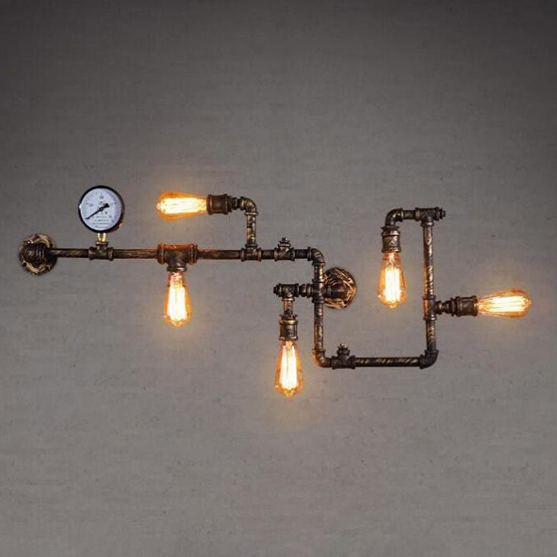 5 Bulbs Pipe System Wall Mount Lamp Industrial Antiqued Black/Brass/Rust Wall Light Kit with Decorative Gauge Clearhalo 'Art deco wall lights' 'Cast Iron' 'Glass' 'Industrial wall lights' 'Industrial' 'Middle century wall lights' 'Modern' 'Rustic wall lights' 'Tiffany' 'Traditional wall lights' 'Wall Lamps & Sconces' 'Wall Lights' Lighting' 1949960