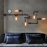 Rust/Bronze 5-Head Wall Lighting Ideas Industrial Wrought Iron Pipe System Wall Mounted Lamp with Pressure Gauge Clearhalo 'Art deco wall lights' 'Cast Iron' 'Glass' 'Industrial wall lights' 'Industrial' 'Middle century wall lights' 'Modern' 'Rustic wall lights' 'Tiffany' 'Traditional wall lights' 'Wall Lamps & Sconces' 'Wall Lights' Lighting' 1949966
