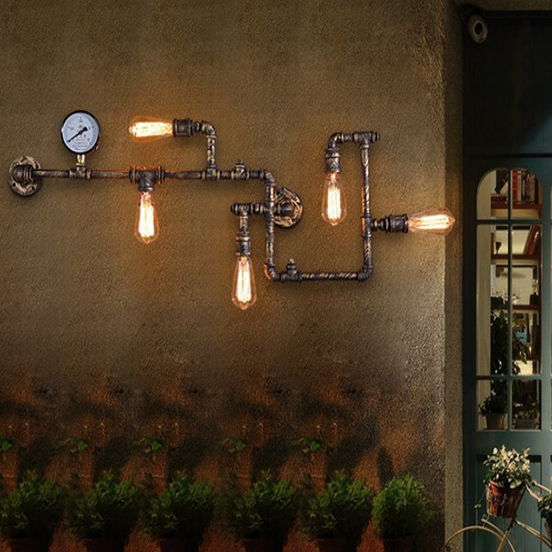Rust/Bronze 5-Head Wall Lighting Ideas Industrial Wrought Iron Pipe System Wall Mounted Lamp with Pressure Gauge Clearhalo 'Art deco wall lights' 'Cast Iron' 'Glass' 'Industrial wall lights' 'Industrial' 'Middle century wall lights' 'Modern' 'Rustic wall lights' 'Tiffany' 'Traditional wall lights' 'Wall Lamps & Sconces' 'Wall Lights' Lighting' 1949967