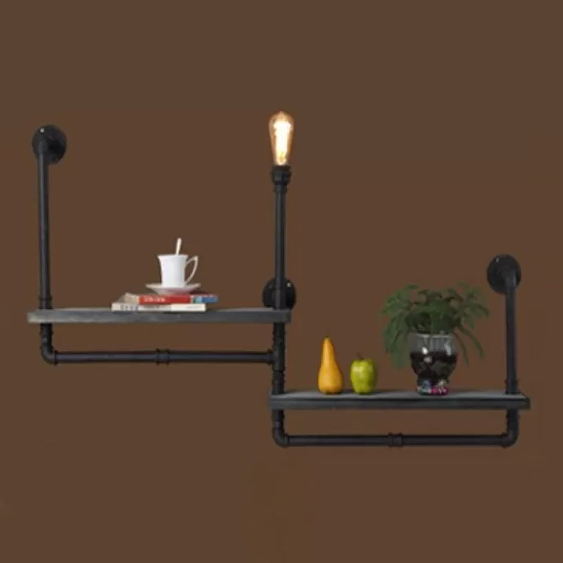 1-Bulb Pipe Shelf Wall Light Rustic Black Iron Wall Mounted Lighting for Dining Room Black Clearhalo 'Art deco wall lights' 'Cast Iron' 'Glass' 'Industrial wall lights' 'Industrial' 'Middle century wall lights' 'Modern' 'Rustic wall lights' 'Tiffany' 'Traditional wall lights' 'Wall Lamps & Sconces' 'Wall Lights' Lighting' 1949987