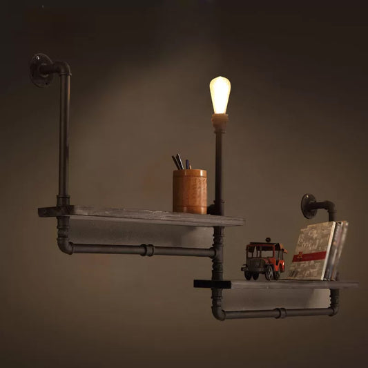 1-Bulb Pipe Shelf Wall Light Rustic Black Iron Wall Mounted Lighting for Dining Room Clearhalo 'Art deco wall lights' 'Cast Iron' 'Glass' 'Industrial wall lights' 'Industrial' 'Middle century wall lights' 'Modern' 'Rustic wall lights' 'Tiffany' 'Traditional wall lights' 'Wall Lamps & Sconces' 'Wall Lights' Lighting' 1949988