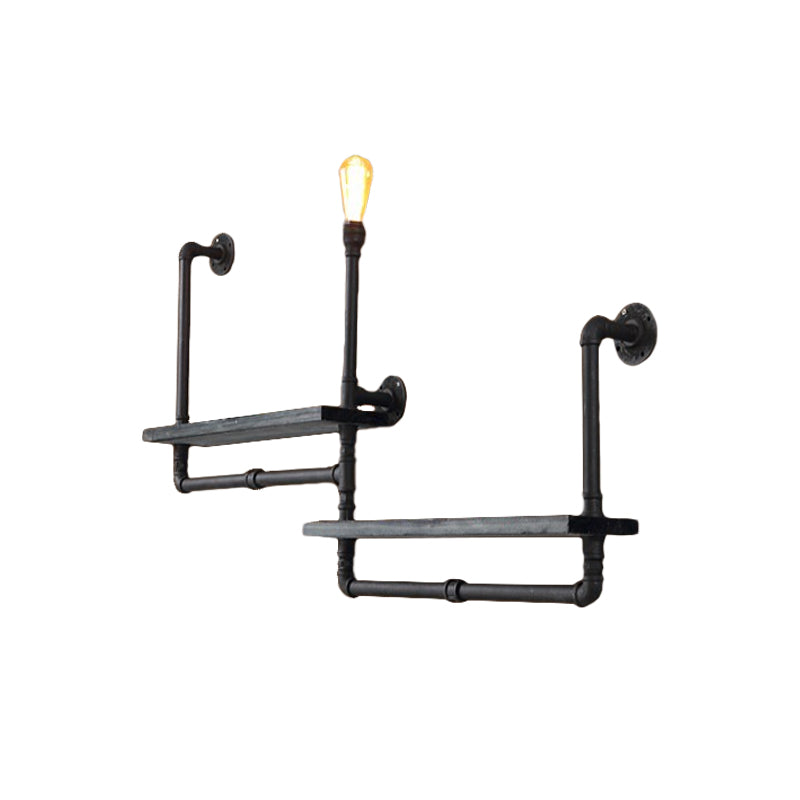 1-Bulb Pipe Shelf Wall Light Rustic Black Iron Wall Mounted Lighting for Dining Room Clearhalo 'Art deco wall lights' 'Cast Iron' 'Glass' 'Industrial wall lights' 'Industrial' 'Middle century wall lights' 'Modern' 'Rustic wall lights' 'Tiffany' 'Traditional wall lights' 'Wall Lamps & Sconces' 'Wall Lights' Lighting' 1949990