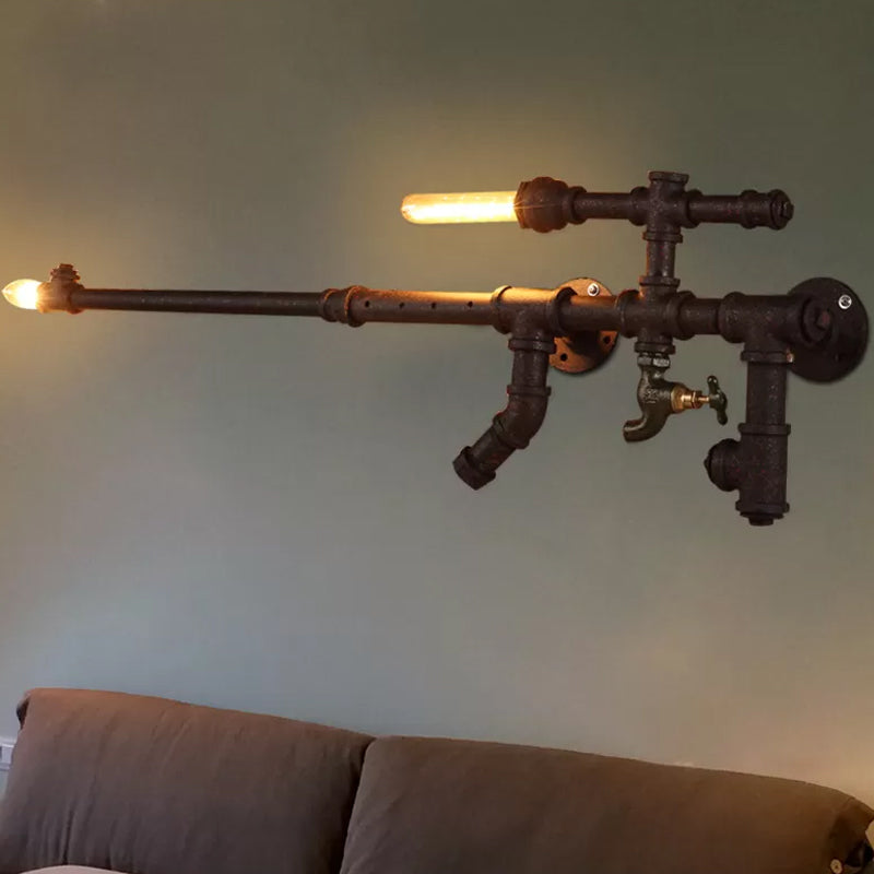 Iron Gun-Shaped Pipe Wall Sconce Steampunk 2-Head Bedroom Wall Mounted Light Fixture in Rust/Black Rust Clearhalo 'Art deco wall lights' 'Cast Iron' 'Glass' 'Industrial wall lights' 'Industrial' 'Middle century wall lights' 'Modern' 'Rustic wall lights' 'Tiffany' 'Traditional wall lights' 'Wall Lamps & Sconces' 'Wall Lights' Lighting' 1949992