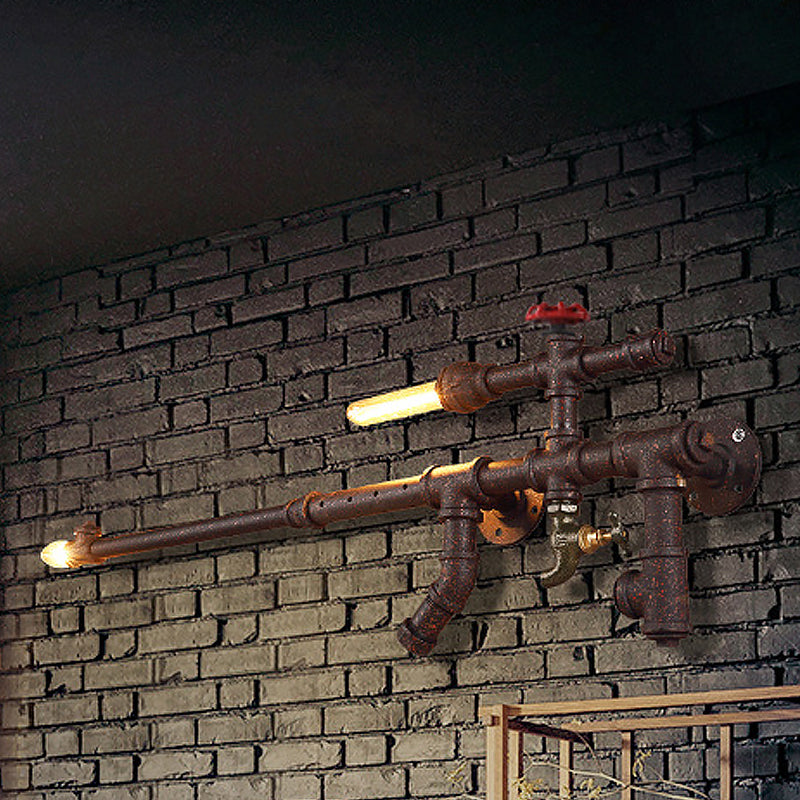 Iron Gun-Shaped Pipe Wall Sconce Steampunk 2-Head Bedroom Wall Mounted Light Fixture in Rust/Black Clearhalo 'Art deco wall lights' 'Cast Iron' 'Glass' 'Industrial wall lights' 'Industrial' 'Middle century wall lights' 'Modern' 'Rustic wall lights' 'Tiffany' 'Traditional wall lights' 'Wall Lamps & Sconces' 'Wall Lights' Lighting' 1949993