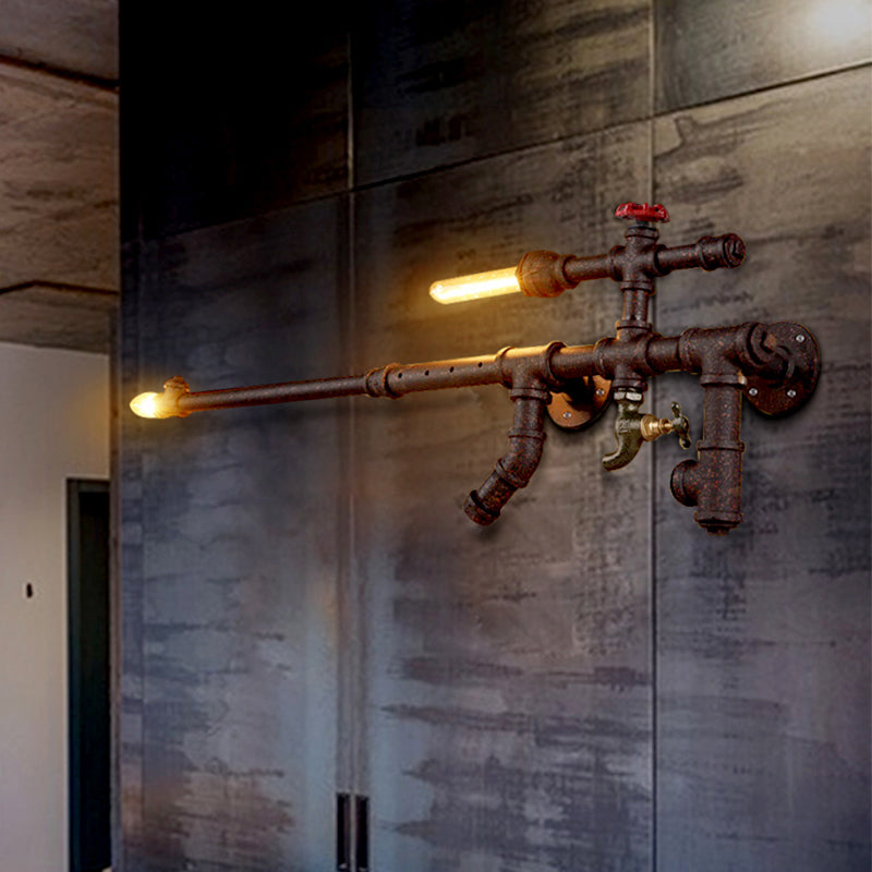 Iron Gun-Shaped Pipe Wall Sconce Steampunk 2-Head Bedroom Wall Mounted Light Fixture in Rust/Black Clearhalo 'Art deco wall lights' 'Cast Iron' 'Glass' 'Industrial wall lights' 'Industrial' 'Middle century wall lights' 'Modern' 'Rustic wall lights' 'Tiffany' 'Traditional wall lights' 'Wall Lamps & Sconces' 'Wall Lights' Lighting' 1949994