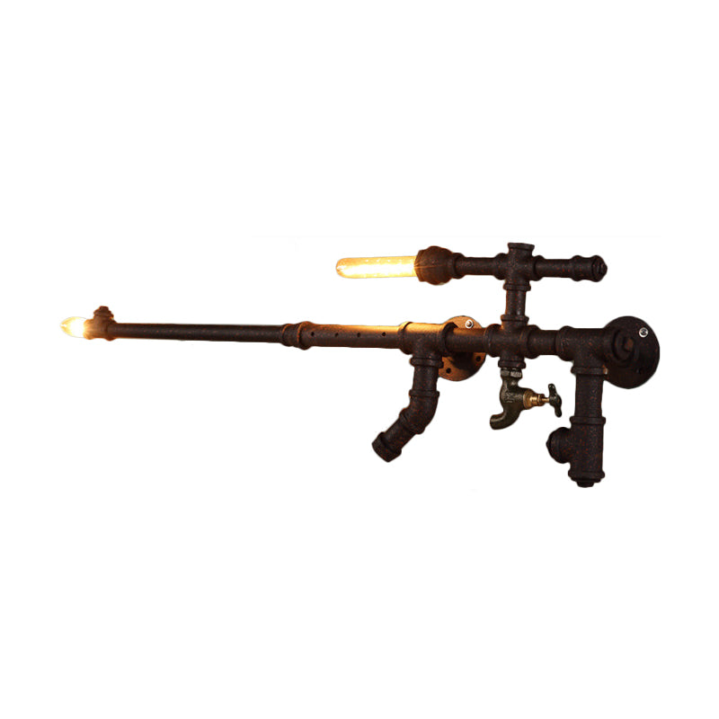 Iron Gun-Shaped Pipe Wall Sconce Steampunk 2-Head Bedroom Wall Mounted Light Fixture in Rust/Black Clearhalo 'Art deco wall lights' 'Cast Iron' 'Glass' 'Industrial wall lights' 'Industrial' 'Middle century wall lights' 'Modern' 'Rustic wall lights' 'Tiffany' 'Traditional wall lights' 'Wall Lamps & Sconces' 'Wall Lights' Lighting' 1949995