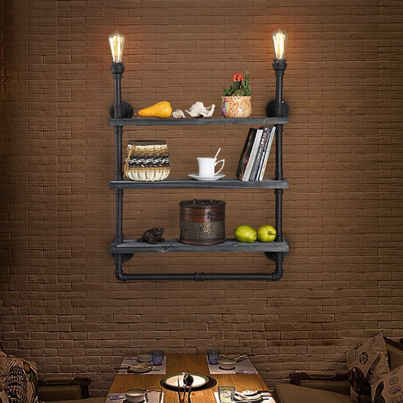 2 Lights Wall Mount Lighting Loft Style 3-Tier Pipe Shelf Iron Wall Lamp in Black Clearhalo 'Art deco wall lights' 'Cast Iron' 'Glass' 'Industrial wall lights' 'Industrial' 'Middle century wall lights' 'Modern' 'Rustic wall lights' 'Tiffany' 'Traditional wall lights' 'Wall Lamps & Sconces' 'Wall Lights' Lighting' 1950000