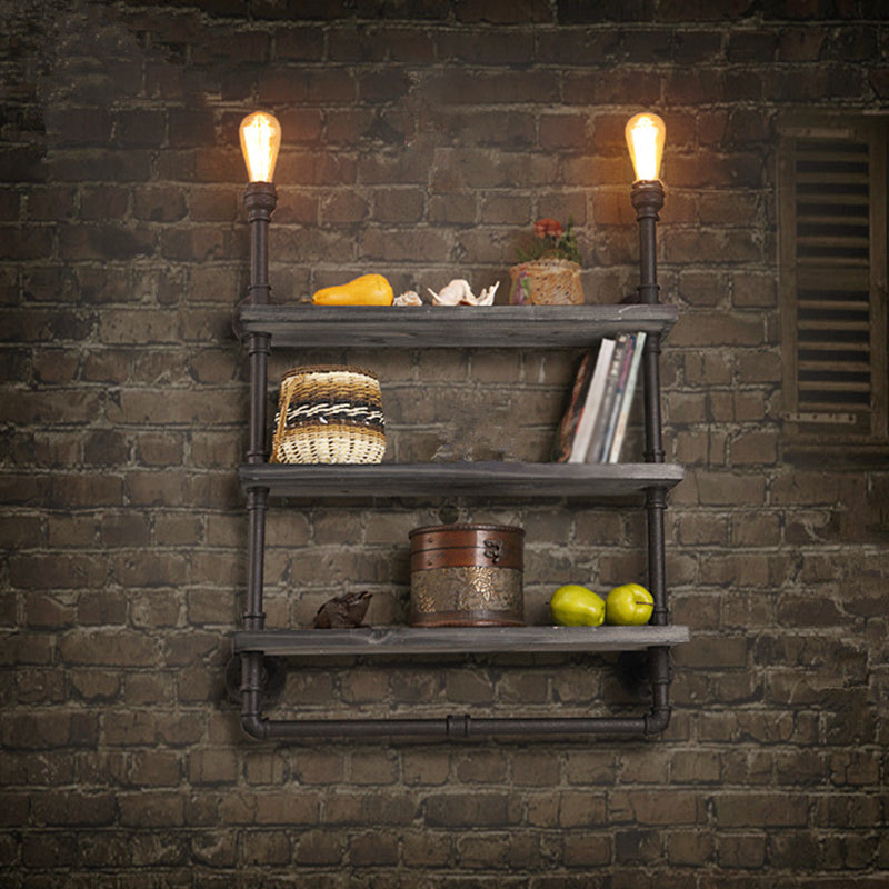2 Lights Wall Mount Lighting Loft Style 3-Tier Pipe Shelf Iron Wall Lamp in Black Clearhalo 'Art deco wall lights' 'Cast Iron' 'Glass' 'Industrial wall lights' 'Industrial' 'Middle century wall lights' 'Modern' 'Rustic wall lights' 'Tiffany' 'Traditional wall lights' 'Wall Lamps & Sconces' 'Wall Lights' Lighting' 1950001