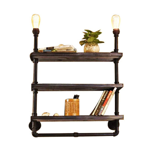 2 Lights Wall Mount Lighting Loft Style 3-Tier Pipe Shelf Iron Wall Lamp in Black Clearhalo 'Art deco wall lights' 'Cast Iron' 'Glass' 'Industrial wall lights' 'Industrial' 'Middle century wall lights' 'Modern' 'Rustic wall lights' 'Tiffany' 'Traditional wall lights' 'Wall Lamps & Sconces' 'Wall Lights' Lighting' 1950002