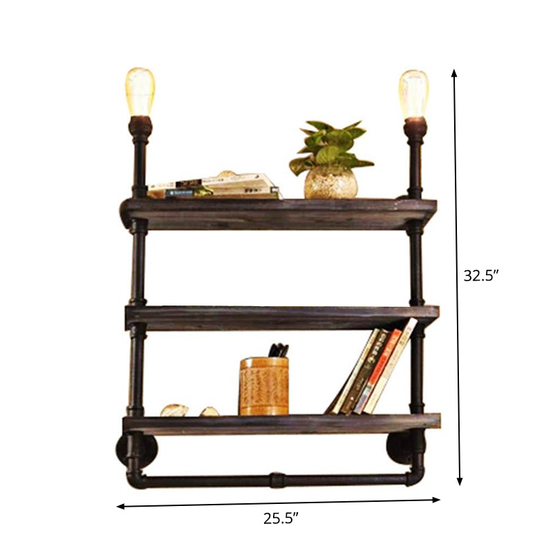 2 Lights Wall Mount Lighting Loft Style 3-Tier Pipe Shelf Iron Wall Lamp in Black Clearhalo 'Art deco wall lights' 'Cast Iron' 'Glass' 'Industrial wall lights' 'Industrial' 'Middle century wall lights' 'Modern' 'Rustic wall lights' 'Tiffany' 'Traditional wall lights' 'Wall Lamps & Sconces' 'Wall Lights' Lighting' 1950003