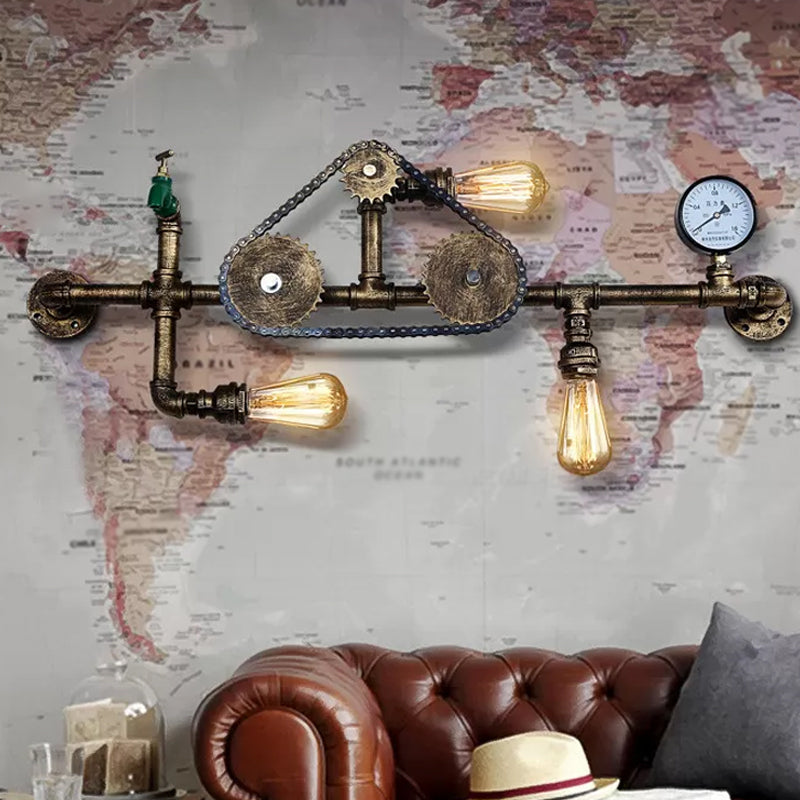 Wrought Iron Gear Water Pipe Wall Light Industrial Style 3-Bulb Living Room Wall Sconce in Copper/Bronze Clearhalo 'Art deco wall lights' 'Cast Iron' 'Glass' 'Industrial wall lights' 'Industrial' 'Middle century wall lights' 'Modern' 'Rustic wall lights' 'Tiffany' 'Traditional wall lights' 'Wall Lamps & Sconces' 'Wall Lights' Lighting' 1950010