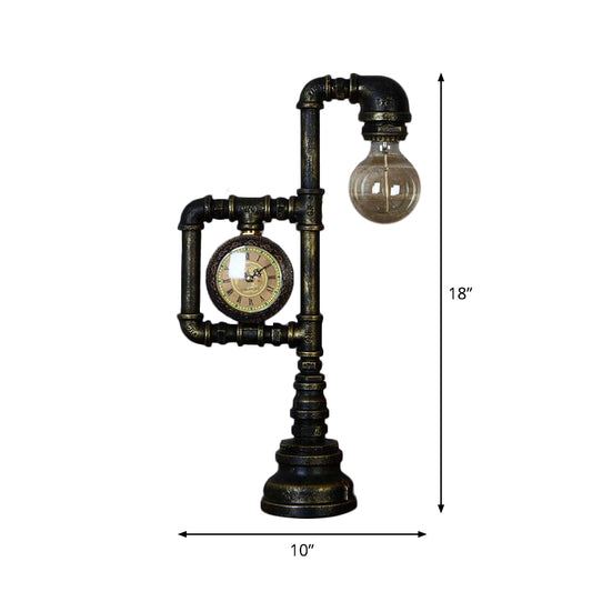 Retro Plumbing Pipe Night Light 1 Head Iron Table Lighting with Clock in Bronze for Bedroom Clearhalo 'Lamps' 'Table Lamps' Lighting' 1950027