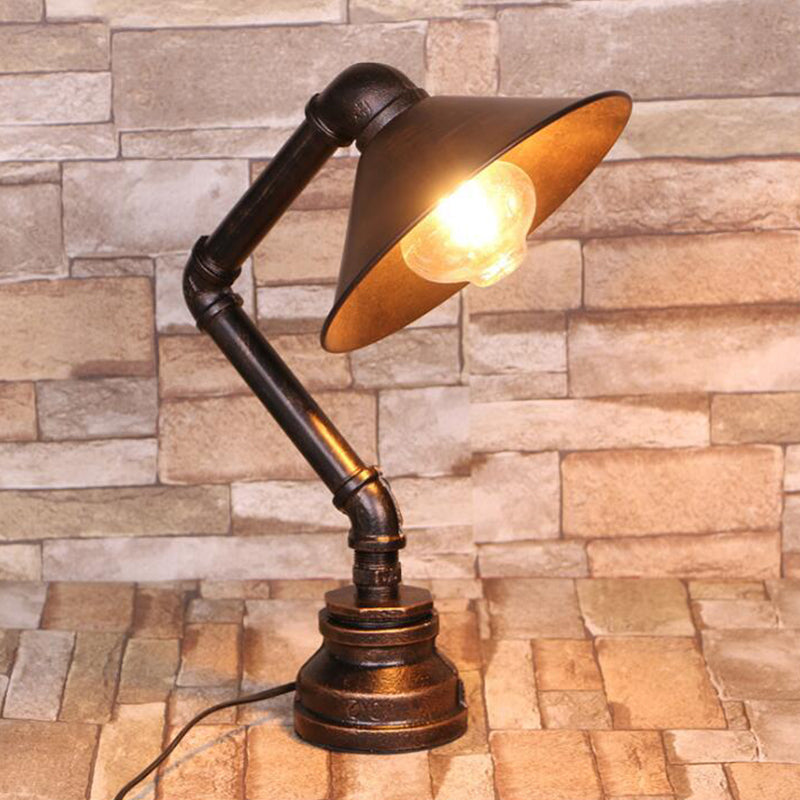 Conical Iron Nightstand Light Industrial 1-Light Bedside Table Lamp with Bent Arm in Bronze Bronze Clearhalo 'Lamps' 'Table Lamps' Lighting' 1950033