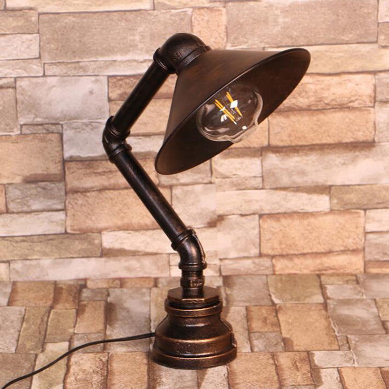 Conical Iron Nightstand Light Industrial 1-Light Bedside Table Lamp with Bent Arm in Bronze Clearhalo 'Lamps' 'Table Lamps' Lighting' 1950034