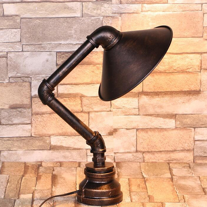Conical Iron Nightstand Light Industrial 1-Light Bedside Table Lamp with Bent Arm in Bronze Clearhalo 'Lamps' 'Table Lamps' Lighting' 1950035