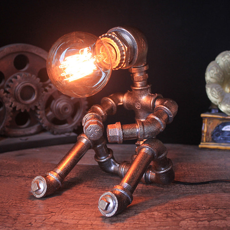Metallic Silver Table Lighting Robot Pipe 1-Bulb Industrial Nightstand Light with Exposed Bulb Design Clearhalo 'Lamps' 'Table Lamps' Lighting' 1950049