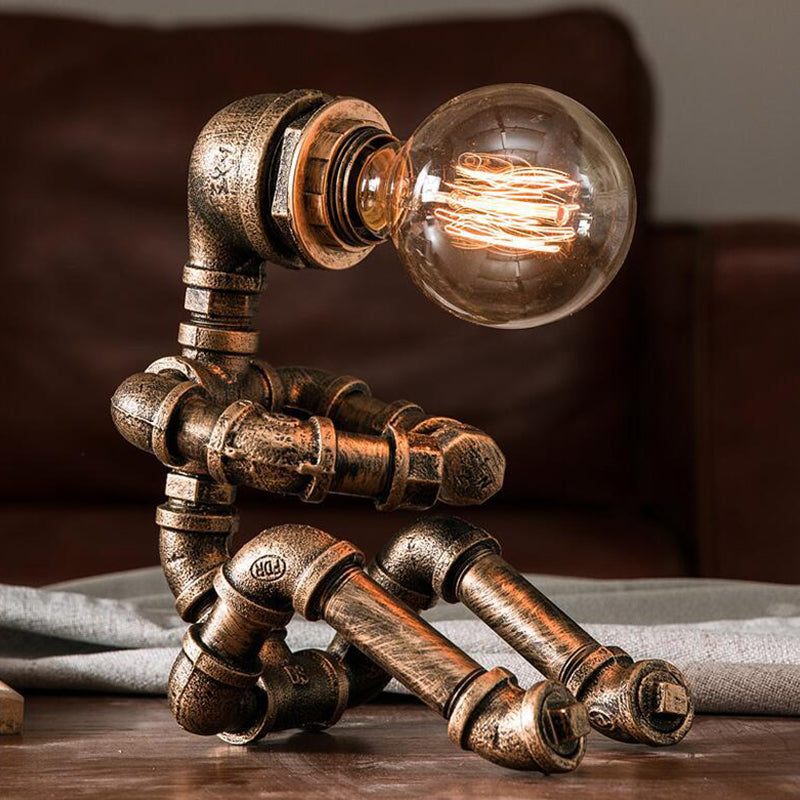 Industrial Pipe Man Night Lamp 1 Head Wrought Iron Table Light in Brass for Boys Room Brass A Clearhalo 'Lamps' 'Table Lamps' Lighting' 1950058