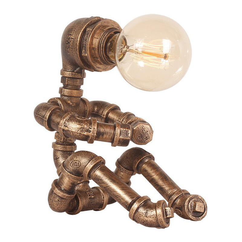 Industrial Pipe Man Night Lamp 1 Head Wrought Iron Table Light in Brass for Boys Room Clearhalo 'Lamps' 'Table Lamps' Lighting' 1950060
