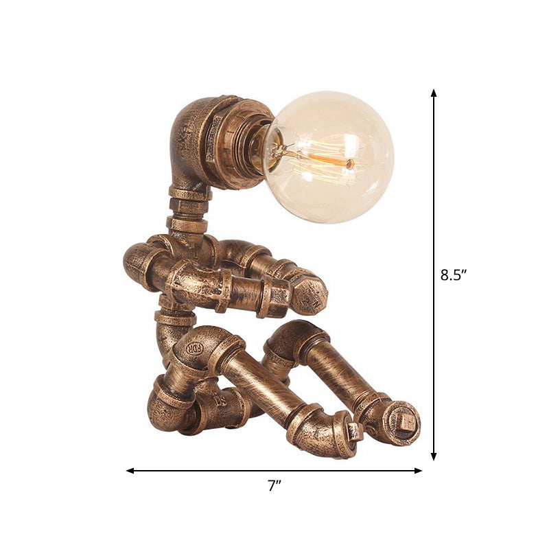 Industrial Pipe Man Night Lamp 1 Head Wrought Iron Table Light in Brass for Boys Room Clearhalo 'Lamps' 'Table Lamps' Lighting' 1950061