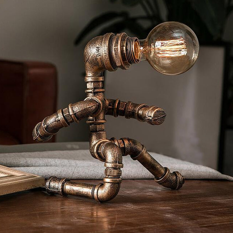 Industrial Pipe Man Night Lamp 1 Head Wrought Iron Table Light in Brass for Boys Room Brass C Clearhalo 'Lamps' 'Table Lamps' Lighting' 1950062