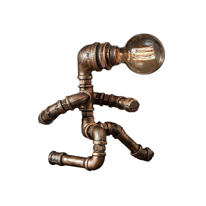 Industrial Pipe Man Night Lamp 1 Head Wrought Iron Table Light in Brass for Boys Room Clearhalo 'Lamps' 'Table Lamps' Lighting' 1950063