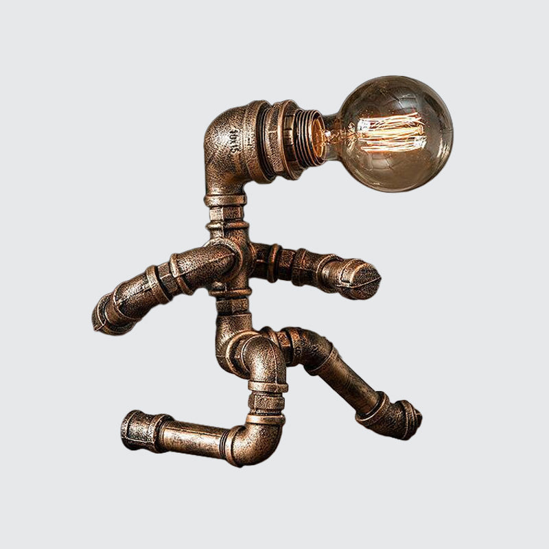 Industrial Pipe Man Night Lamp 1 Head Wrought Iron Table Light in Brass for Boys Room Clearhalo 'Lamps' 'Table Lamps' Lighting' 1950064