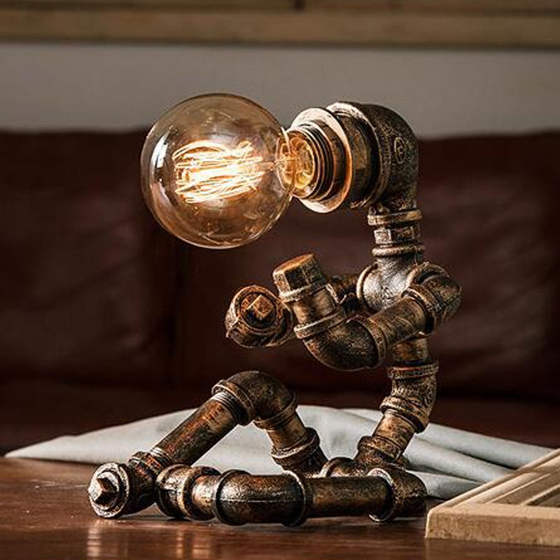 Industrial Pipe Man Night Lamp 1 Head Wrought Iron Table Light in Brass for Boys Room Brass B Clearhalo 'Lamps' 'Table Lamps' Lighting' 1950066