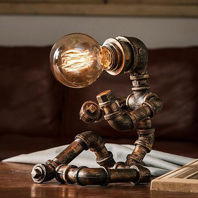 Industrial Pipe Man Night Lamp 1 Head Wrought Iron Table Light in Brass for Boys Room Brass B Clearhalo 'Lamps' 'Table Lamps' Lighting' 1950066