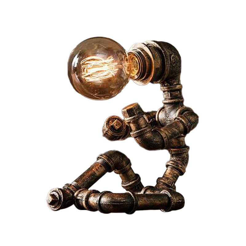 Industrial Pipe Man Night Lamp 1 Head Wrought Iron Table Light in Brass for Boys Room Clearhalo 'Lamps' 'Table Lamps' Lighting' 1950067