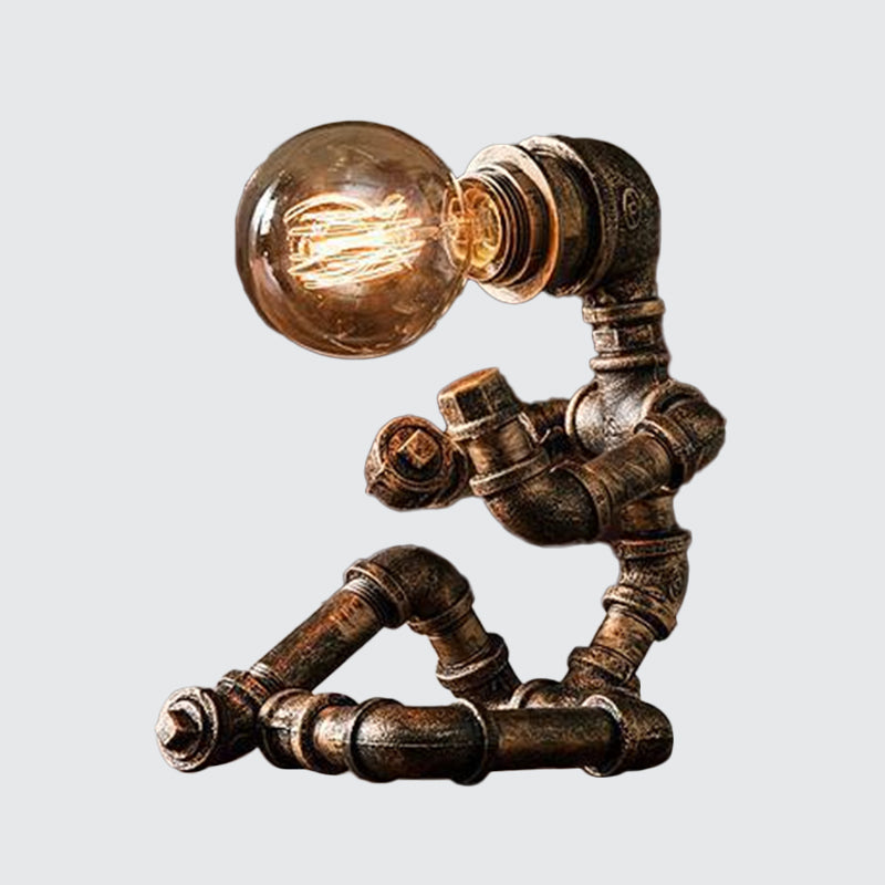Industrial Pipe Man Night Lamp 1 Head Wrought Iron Table Light in Brass for Boys Room Clearhalo 'Lamps' 'Table Lamps' Lighting' 1950068