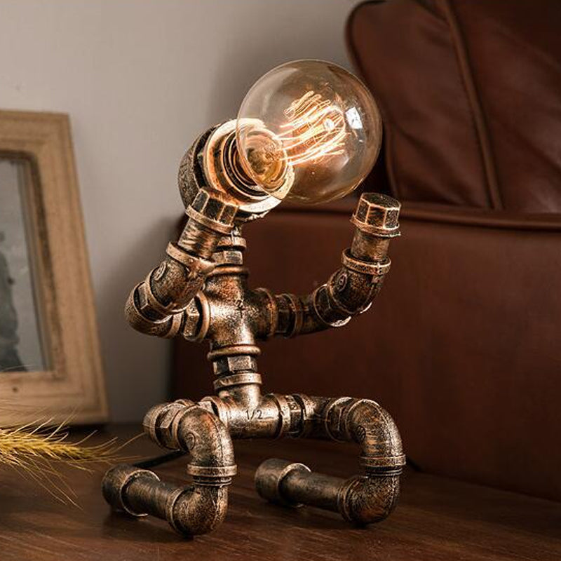 Industrial Pipe Man Night Lamp 1 Head Wrought Iron Table Light in Brass for Boys Room Brass D Clearhalo 'Lamps' 'Table Lamps' Lighting' 1950070