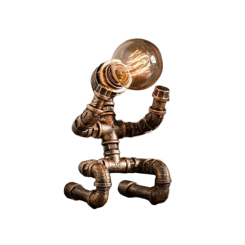 Industrial Pipe Man Night Lamp 1 Head Wrought Iron Table Light in Brass for Boys Room Clearhalo 'Lamps' 'Table Lamps' Lighting' 1950071
