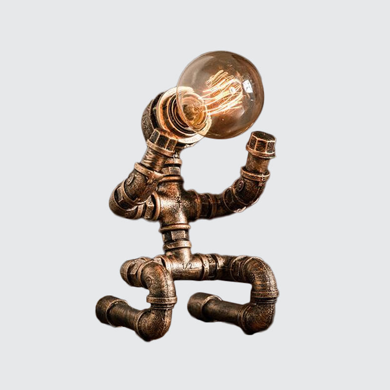 Industrial Pipe Man Night Lamp 1 Head Wrought Iron Table Light in Brass for Boys Room Clearhalo 'Lamps' 'Table Lamps' Lighting' 1950072