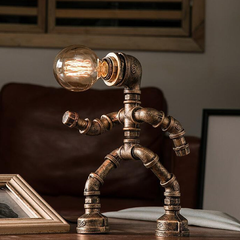 Industrial Pipe Man Night Lamp 1 Head Wrought Iron Table Light in Brass for Boys Room Brass E Clearhalo 'Lamps' 'Table Lamps' Lighting' 1950074
