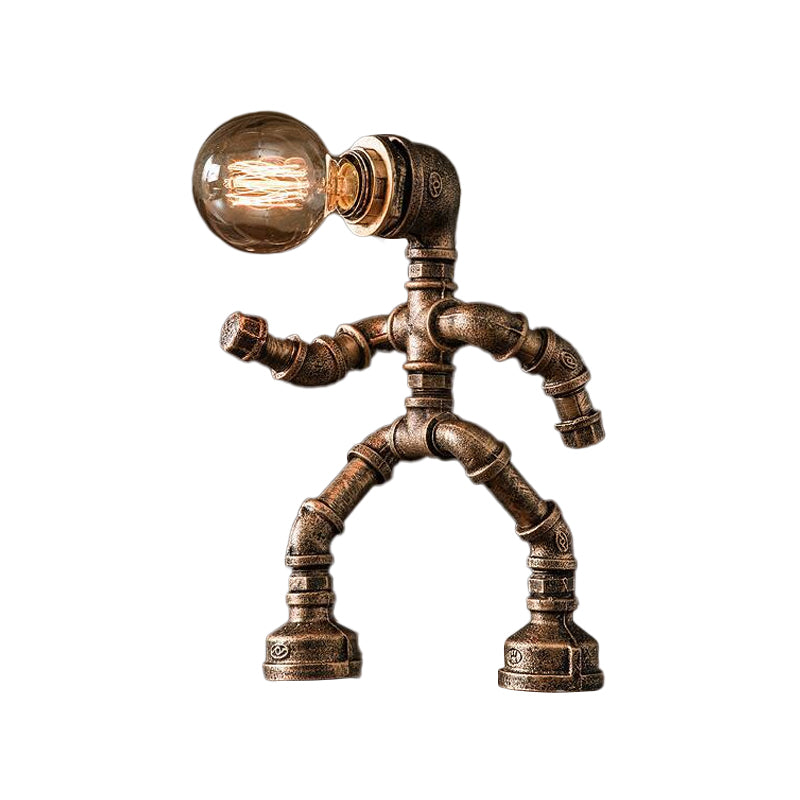 Industrial Pipe Man Night Lamp 1 Head Wrought Iron Table Light in Brass for Boys Room Clearhalo 'Lamps' 'Table Lamps' Lighting' 1950075