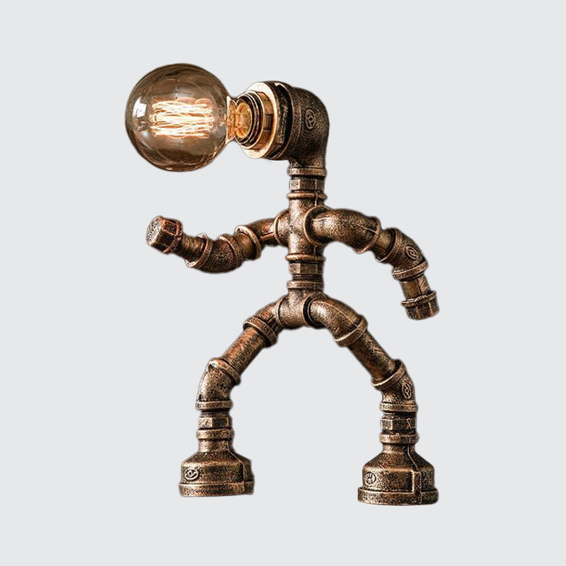 Industrial Pipe Man Night Lamp 1 Head Wrought Iron Table Light in Brass for Boys Room Clearhalo 'Lamps' 'Table Lamps' Lighting' 1950076